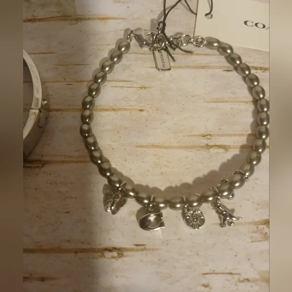 NWT Lot Of 2 Coach Silver Bracelets C Rhinestone Open Bangle & Charm - Picture 4 of 5